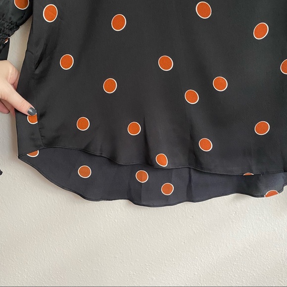 Waverly Grey Black With Orange Polka Dots Mock Neck Bell Sleeve Blouse Medium - Picture 3 of 9